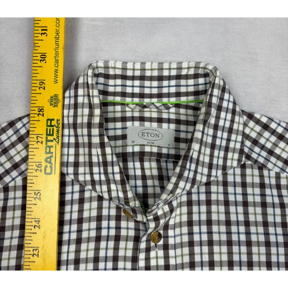 Eton‎ Slim Fit Dress Shirt Mens 15 38 Brown Blue Green Plaid Check Long Sleeve